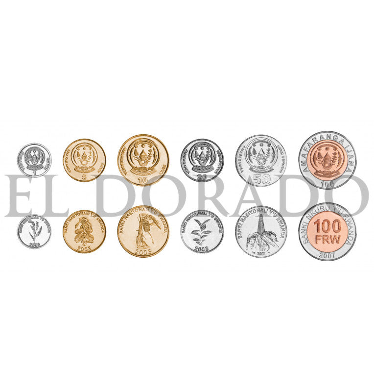 Rwanda 1, 5, 10, 20, 50, 100 Francs 2003-2007 KM 22, 23, 24, 25, 26, 32